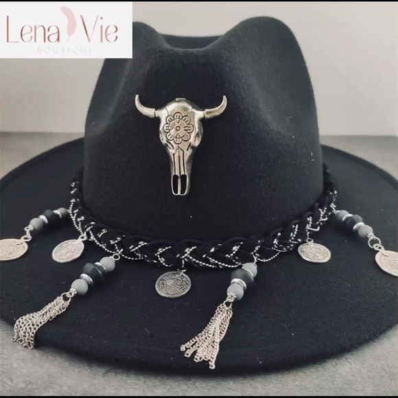 Black Boho Panama Silver Skull Hat With Wide Brim, Fedora Hat, Spring Summer Hat - Picture 2 of 4